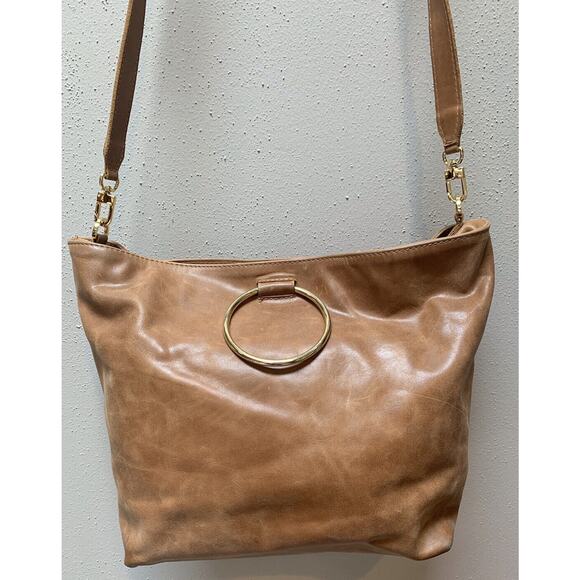 Positive Elements Genuine Leather Crossbody Purse Gold Ring Handles Large Modern - Picture 3 of 9